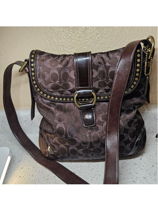 Coach Handbags - Coach Brown Signature Jacquard Studded Flap Shoulder Bag